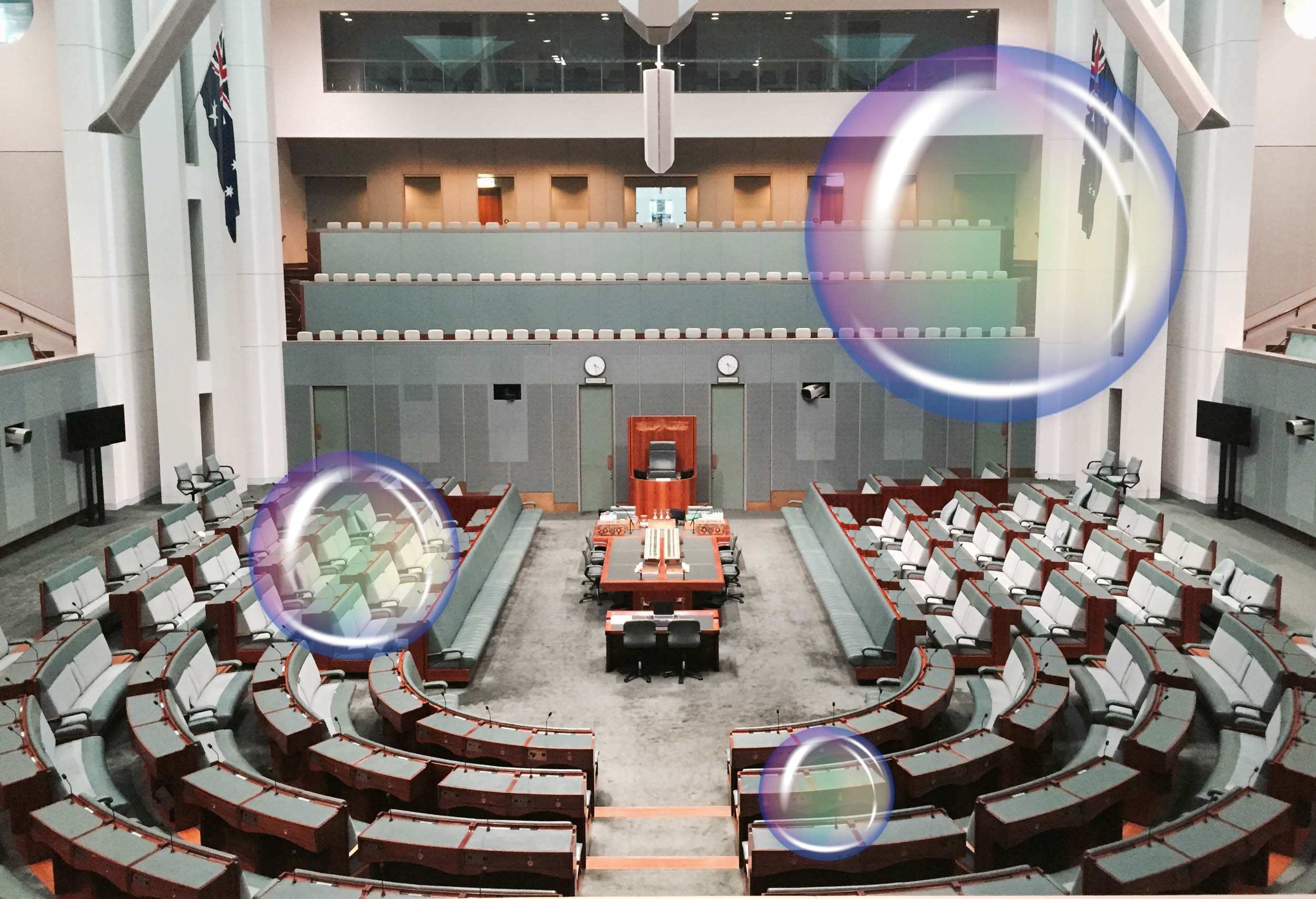 The empty House of Representatives in Parliament House in Canberra with bubbles in it.